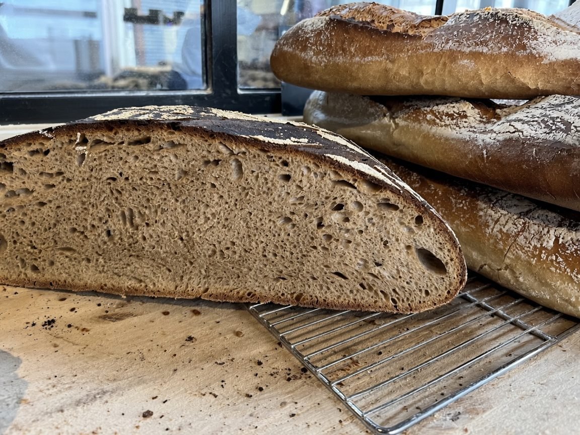 La miche Arto Carpus coupée, mie ouverte et croûte farinée.
