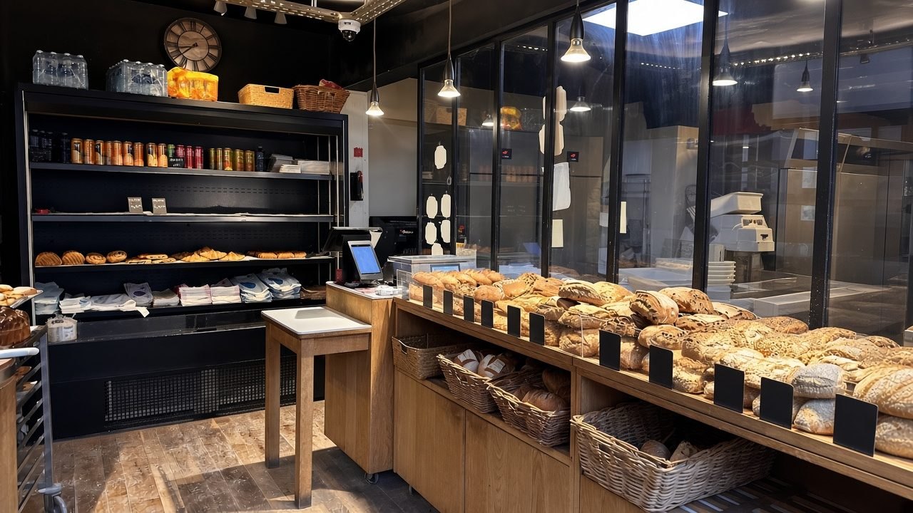 Le comptoir et la vitre du fournil.